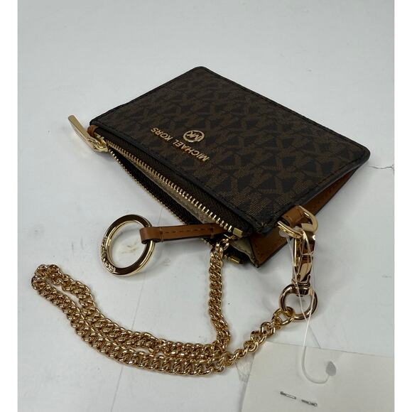 Michael Kors Wristlet Wallet with Gold Chain Brown on Black 5 X 3.5 inches - Picture 7 of 8